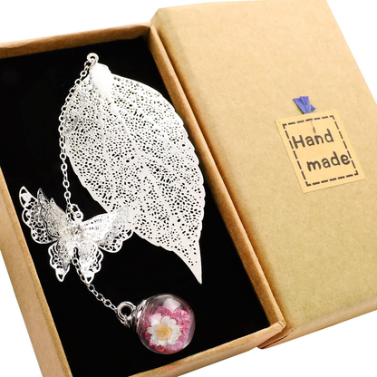 Metal Leaf Bookmark with 3D Butterfly Pendant
