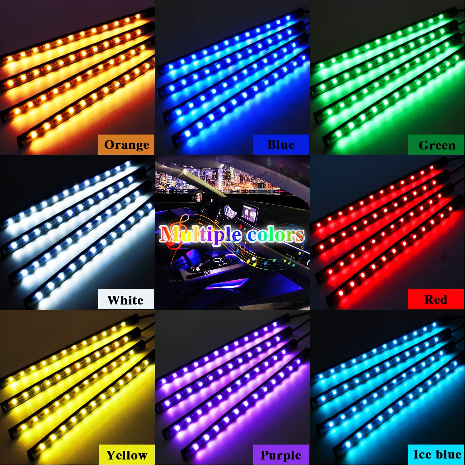 LivTee 12V Interior Car Lights, Newest Two-Line Design 4pcs 48 LED Multi DIY Color Music Under Dash Car Lighting Waterproof Kits with Wireless Remote & APP Control, Car Charger Included