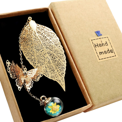 Metal Leaf Bookmark with 3D Butterfly Pendant