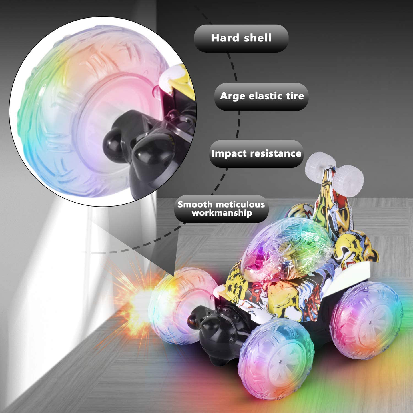 Kizeefun Remote Control Car, RC Stunt Car Invincible 360°Rolling Twister with Colorful Lights & Music Switch, Rechargeable Remote Control Car for Boys and Girls