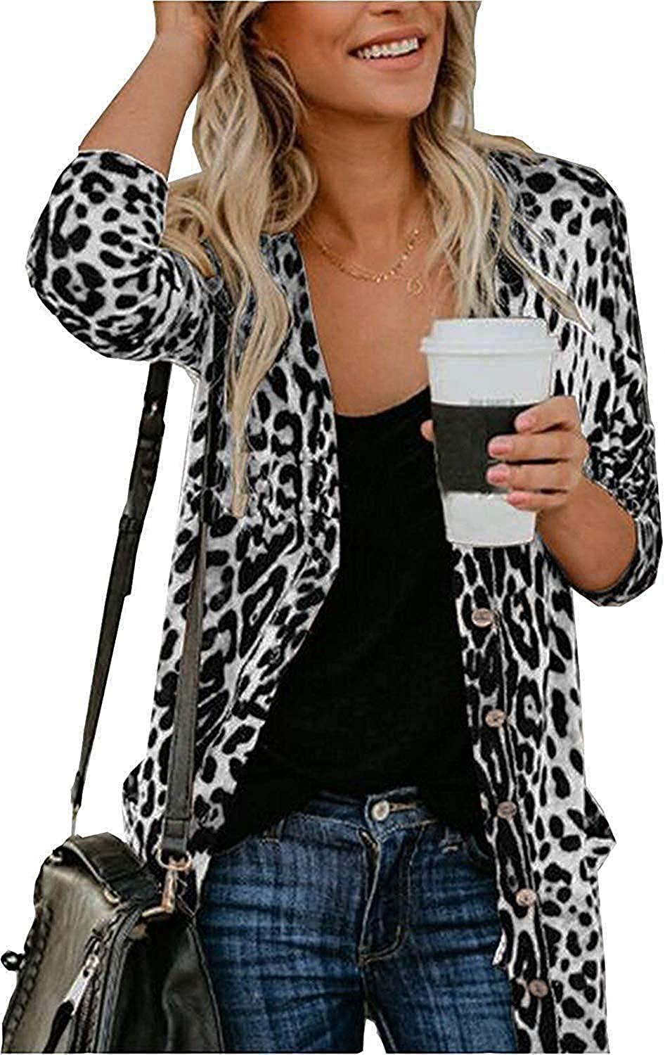 MYIFU Women's Leopard Print Sweater Cardigan Button Down Open Front Lightweight Shirt Outerwear with Pockets