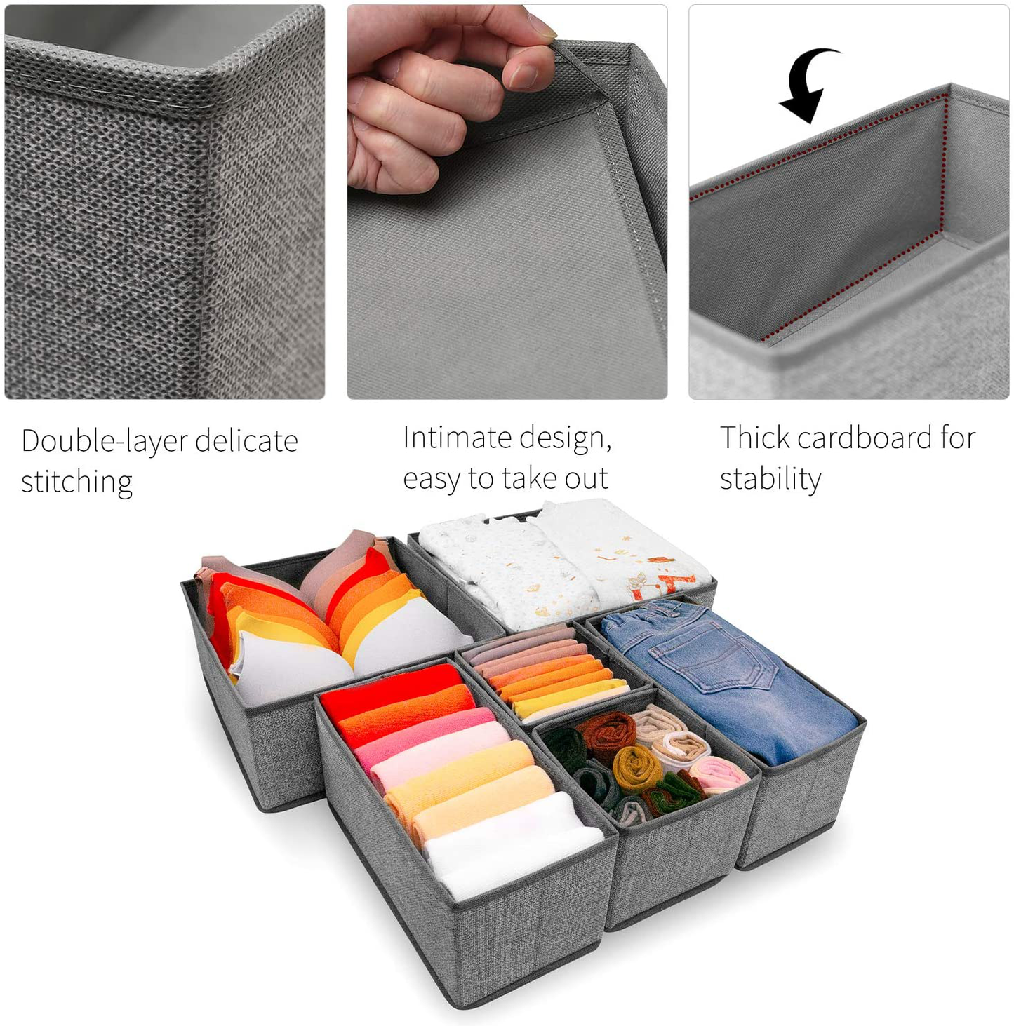 Criusia Underwear Drawer Organizer, 6 Set Foldable Underwear Drawer Organizer and Closet Dividers,Storage Box for Clothes, Socks, Underwear (6 Bins, Gray)