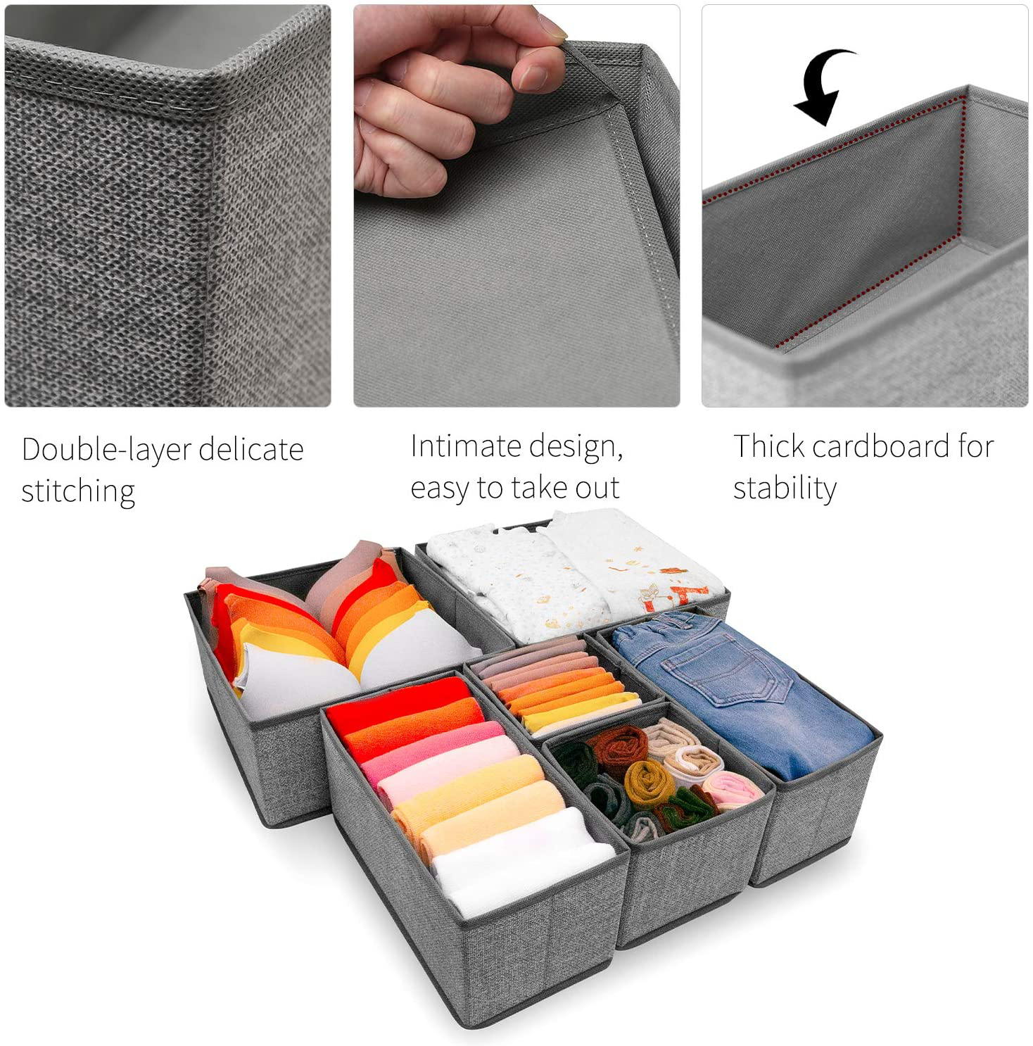 Criusia Underwear Drawer Organizer, 6 Set Foldable Underwear Drawer Organizer and Closet Dividers,Storage Box for Clothes, Socks, Underwear (6 Bins, Gray)