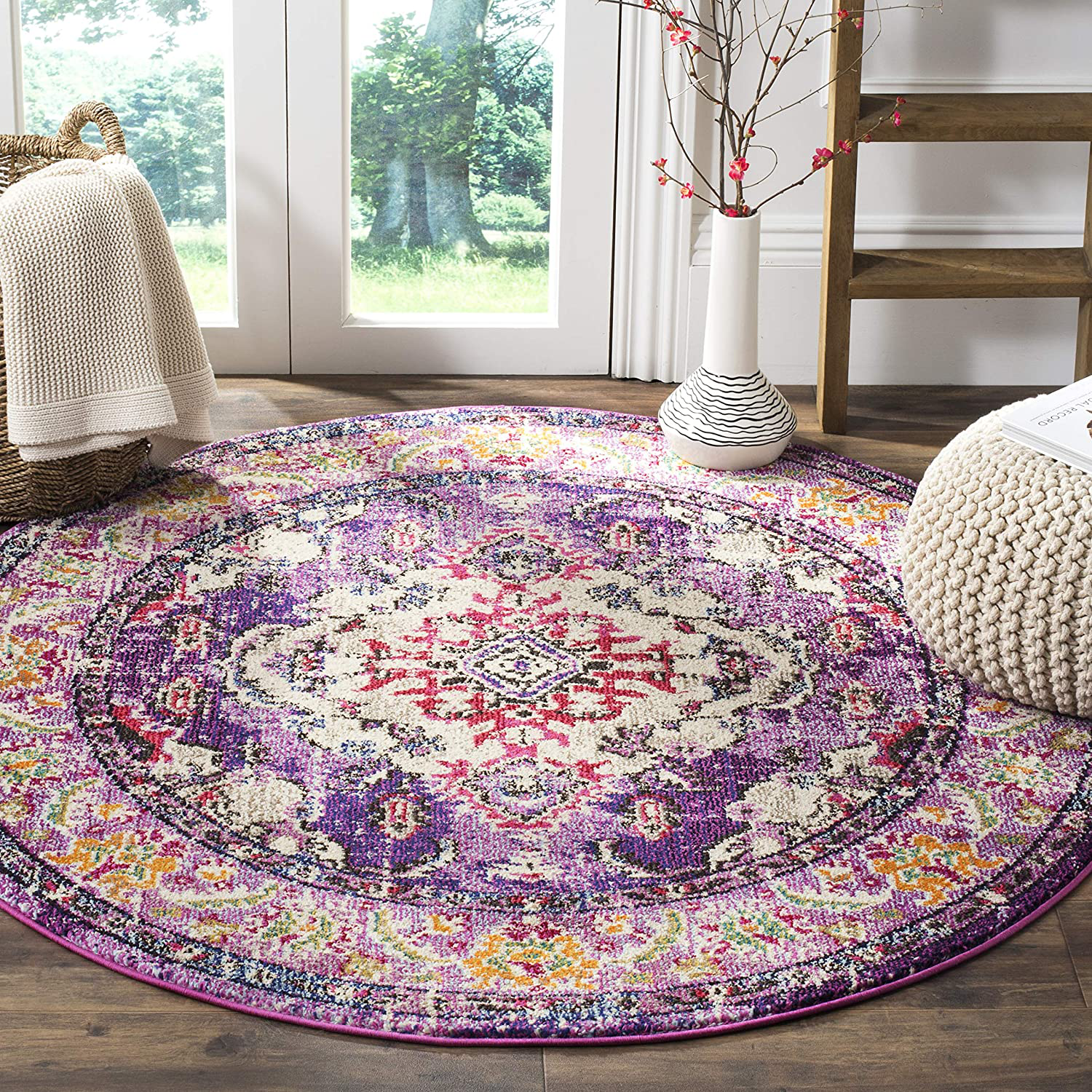 Safavieh Monaco Collection MNC243P Boho Chic Medallion Distressed Non-Shedding Dining Room Entryway Foyer Living Room Bedroom Area Rug, 5' x 5' Round, Violet / Fuchsia