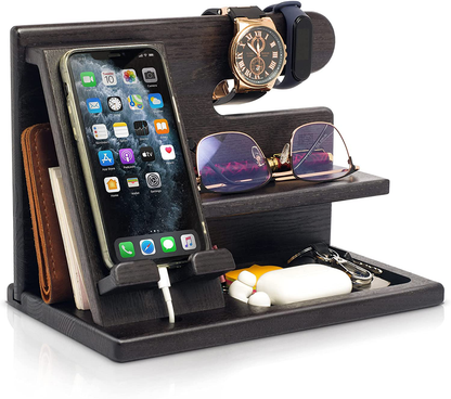 TESLYAR Wood Phone Docking Station Ash Key Holder Wallet Stand Watch Organizer Men Gift Husband Wife Anniversary Dad Birthday Nightstand Purse Father Graduation Male Travel Idea Gadgets (Brown)