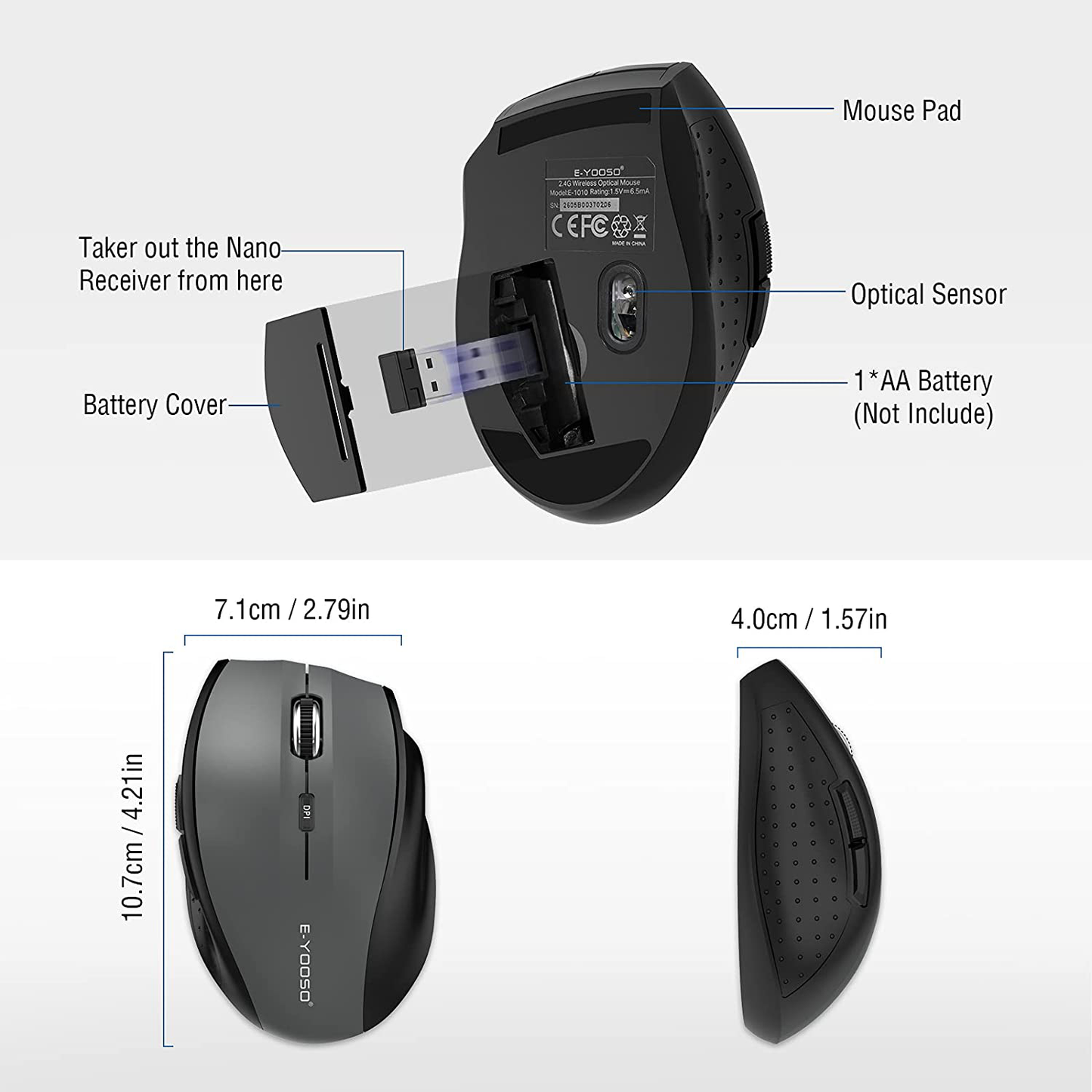 Wireless Mouse, E-YOOSO Computer Mouse 5 Adjustable DPI 6 Buttons Cordless Mouse Wireless Optical Mice with USB Nano Receiver, 2.4G Portable Ergonomic Wireless Mouse for Laptop/Windows/Mac/Office PC