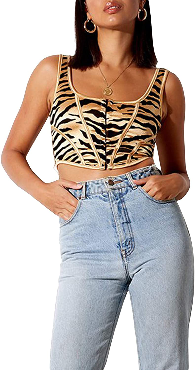 Women Bustiers Crops Single-Row Clasp Tank Tops Sleeveless Camisole Cow Printing Short Tunics Night Out Clubwear