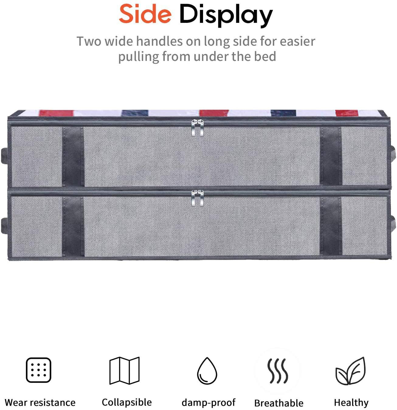 Onlyeasy Large Underbed Storage Bags Organizer Container (2 Pack) with 4 Handles and 2 Sturdy Zippers, Blankets Clothes Comforters Foldable Storage Bags with Clear Window, Herringbone Grey, MXRUBBP2