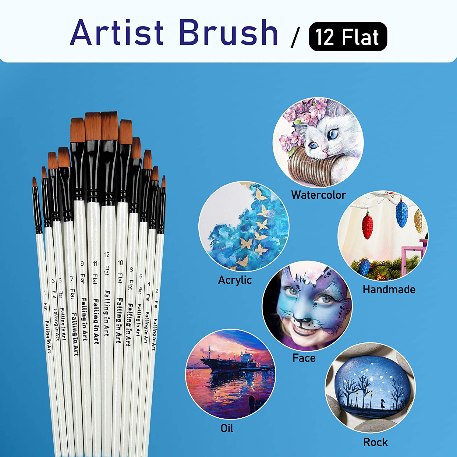 Falling in Art Paint Brushes Set, 12 PCS Nylon Professional Flat Paint Brushes for Watercolor, Oil Painting, Acrylic, Face Body Nail Art, Crafts, Rock Painting