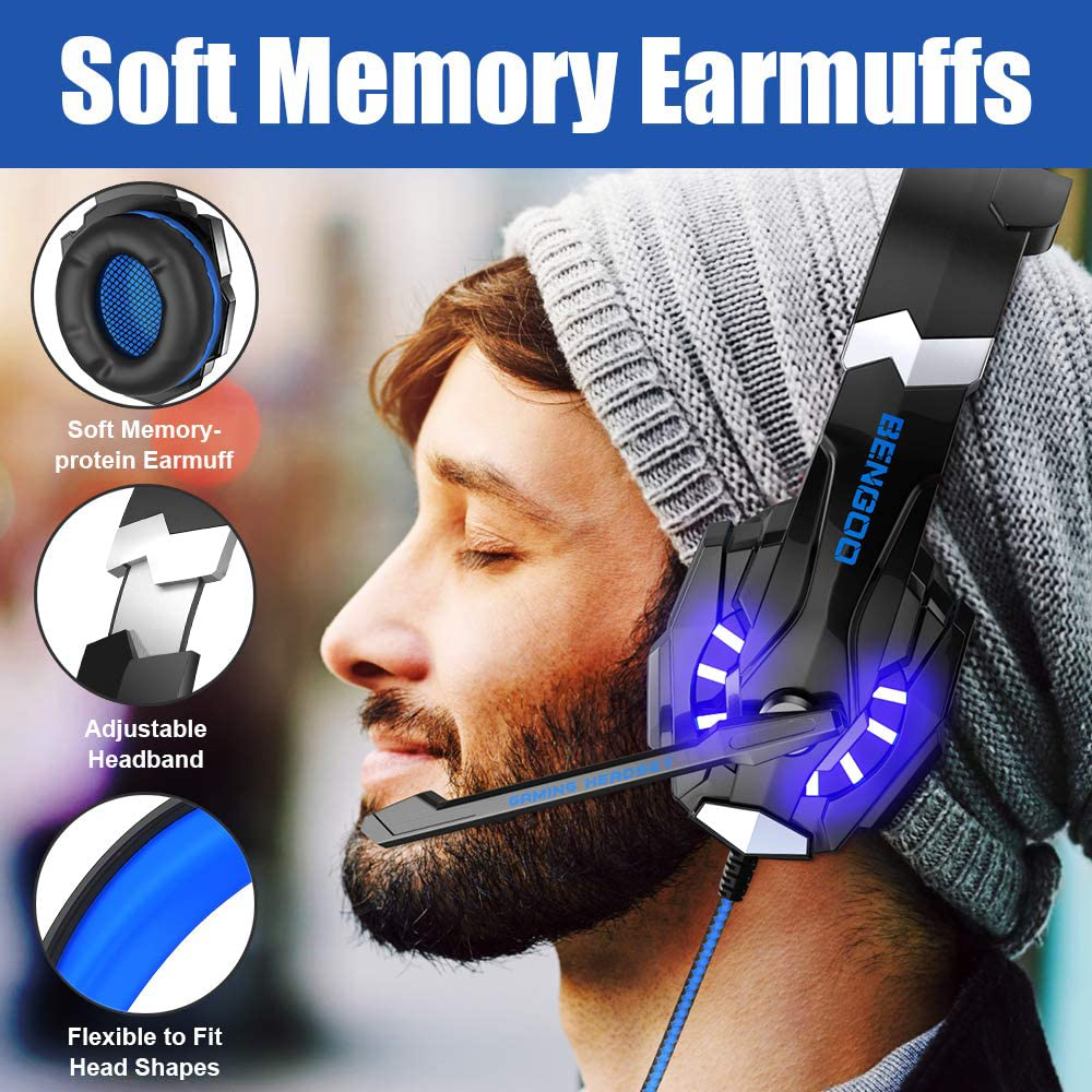 BENGOO G9000 Stereo Gaming Headset for PS4 PC Xbox One PS5 Controller, Noise Cancelling Over Ear Headphones with Mic, LED Light, Bass Surround, Soft Memory Earmuffs for Laptop Mac Nintendo NES Games