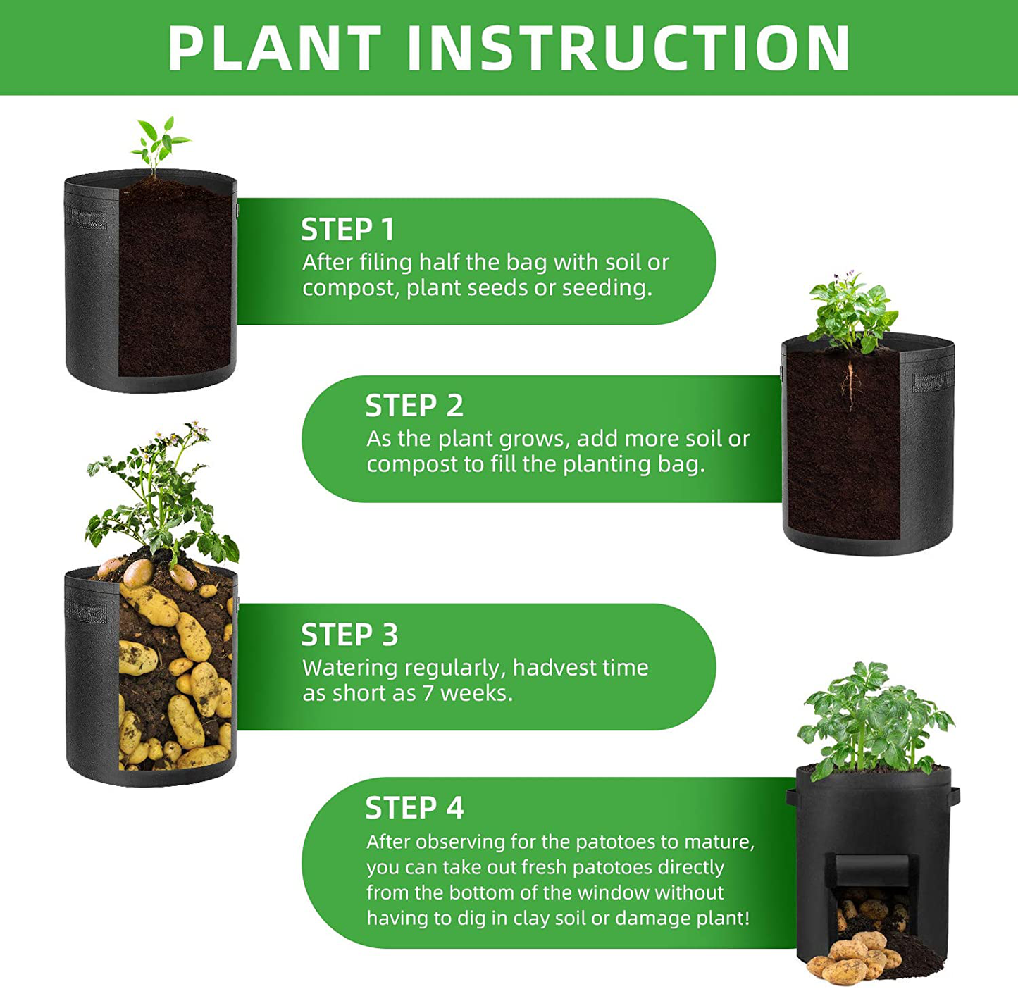 Potato Grow Bags Fabric Pots  with Flap Window and Handles