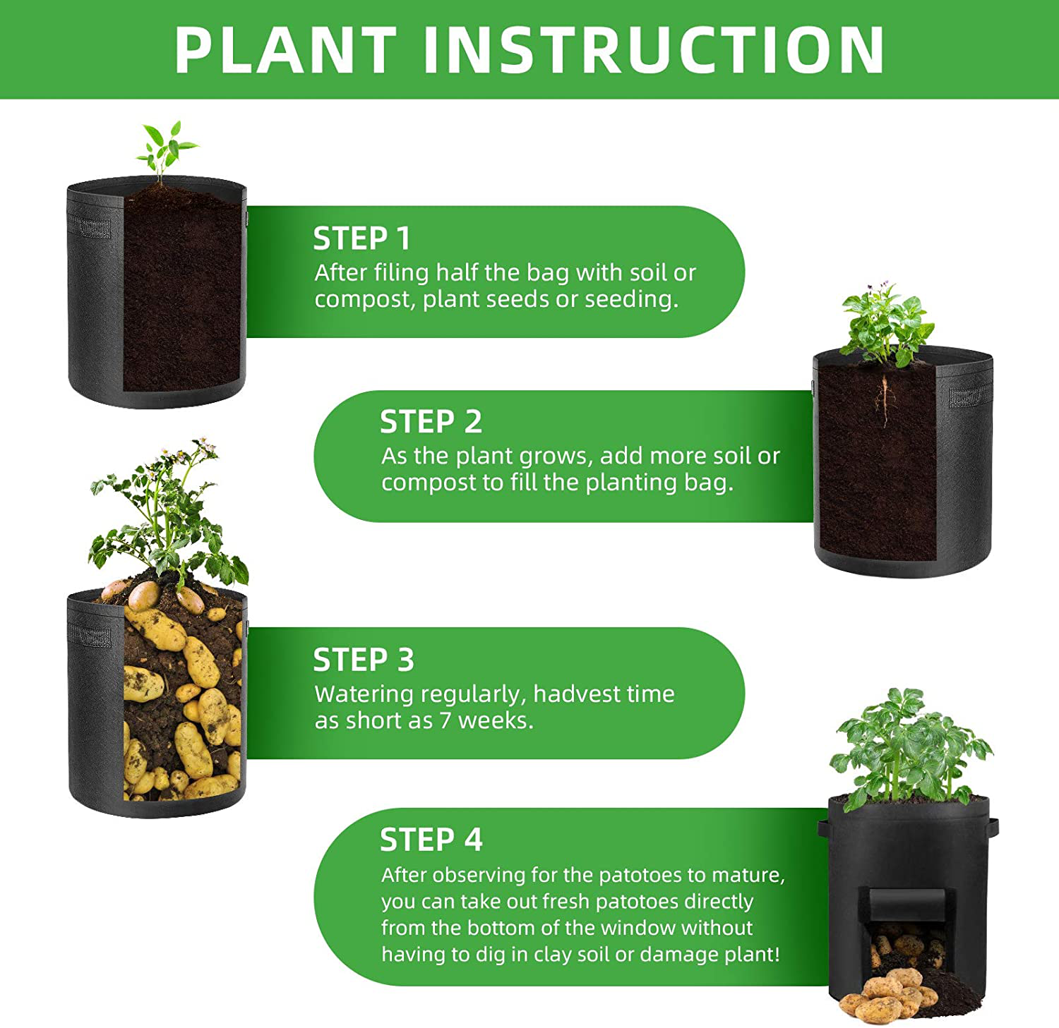 Potato Grow Bags Fabric Pots  with Flap Window and Handles