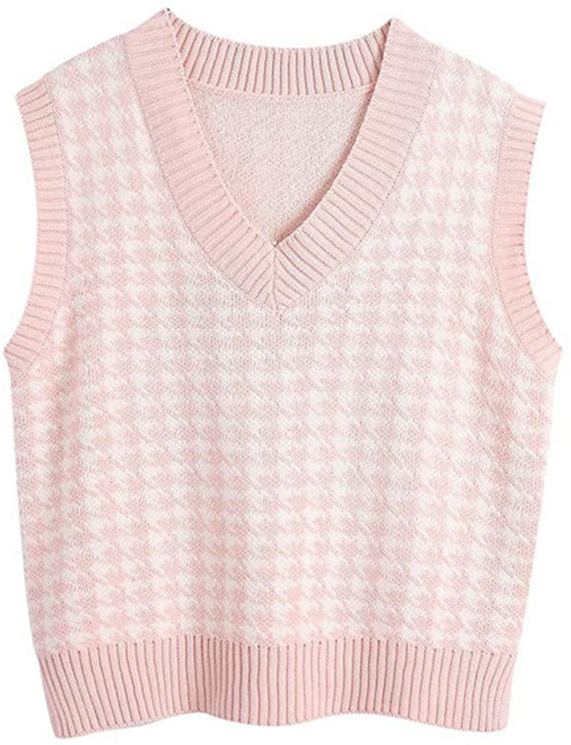 Jlihang Oversized Houndstooth Knitted Vest Sweater Vintage V Neck Loose Sleeveless Sweater