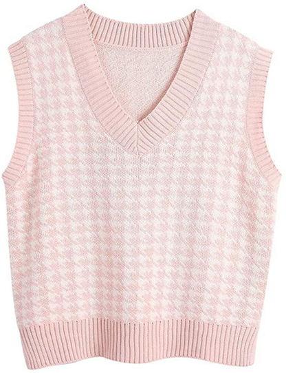 Jlihang Oversized Houndstooth Knitted Vest Sweater Vintage V Neck Loose Sleeveless Sweater