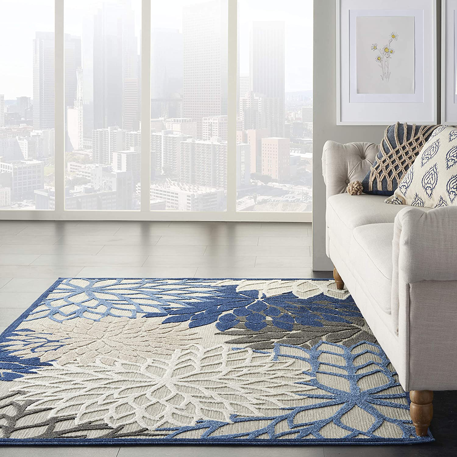 Nourison Aloha Indoor/Outdoor Floral Blue/Multicolor 3' x 5' Area Rug, (3' x 5')