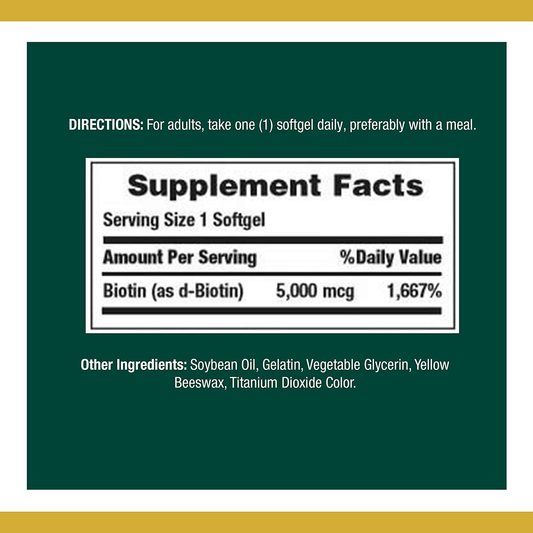 Biotin by Nature's Bounty, Vitamin Supplement, Supports Metabolism for Energy and Healthy Hair, Skin, and Nails, 5000 mcg, 72 Softgels