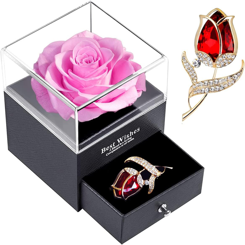 Preserved Rose Gift Box with Ruby Brooch, Eternal Rose in Jewelry Box
