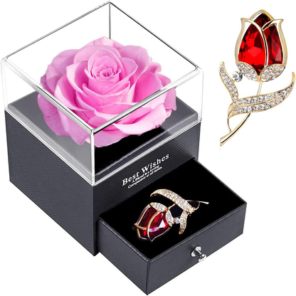 Preserved Rose Gift Box with Ruby Brooch, Eternal Rose in Jewelry Box