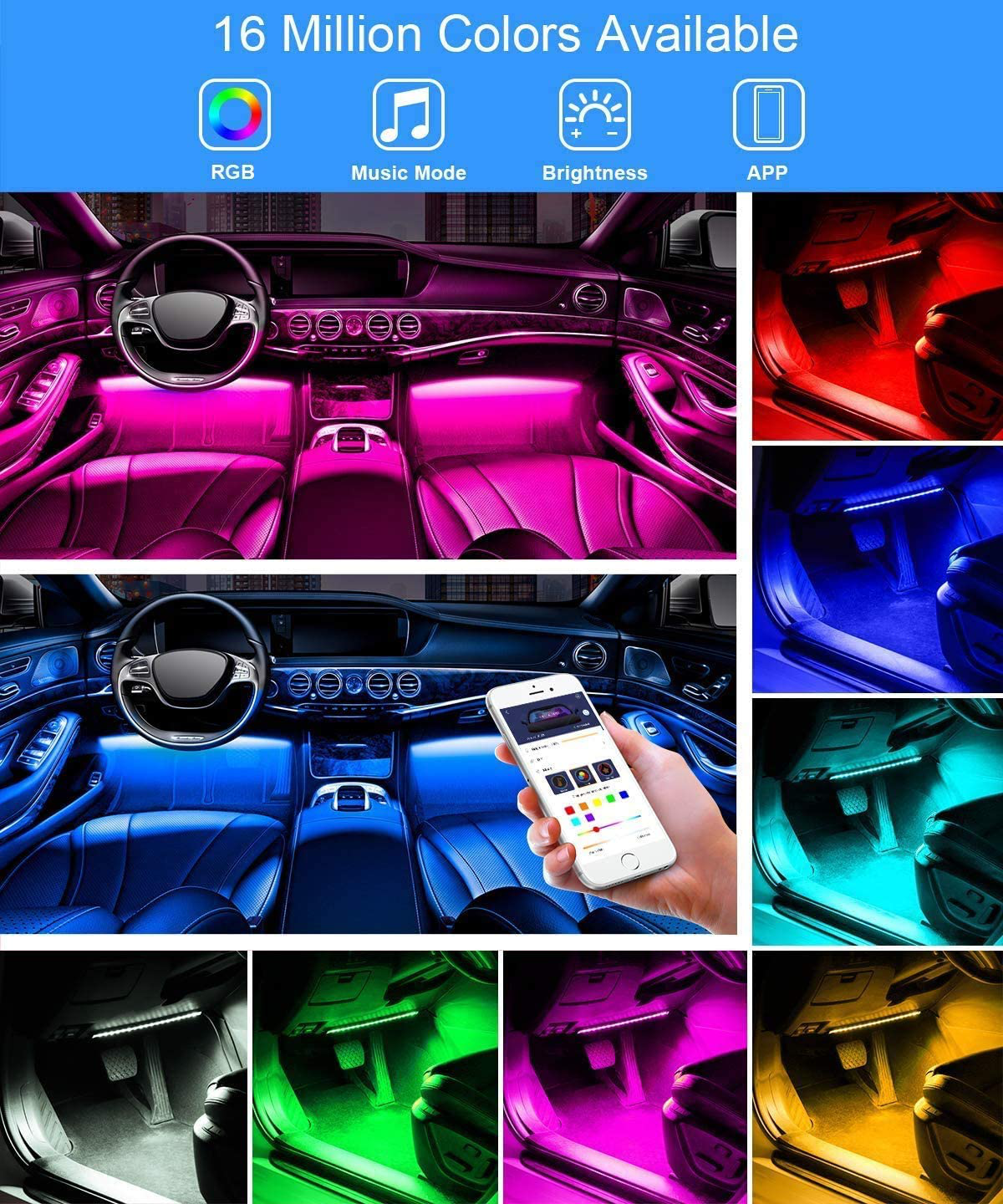 Govee Interior Car Lights, LED Car Strip Lights with 2 Lines Waterproof Design, 48 LEDs App Control Car Light Kit, DIY Mode and Music Sync Under Dash Car Lighting with Car Charger, DC 12V