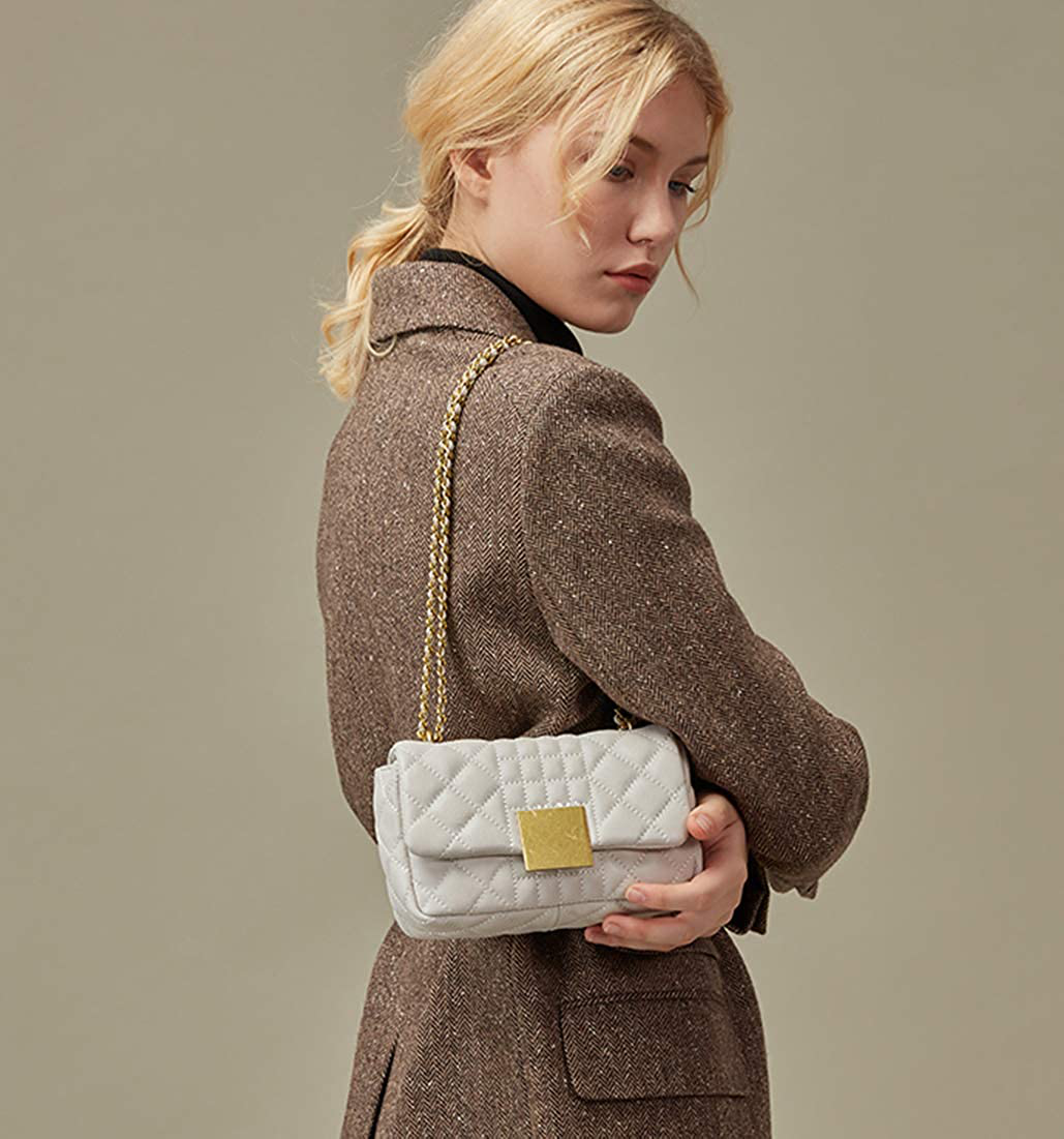 Women's Quilted Genuine Leather Quilted Chain Purse Shoulder Bag Small Crossbody Bag Purse