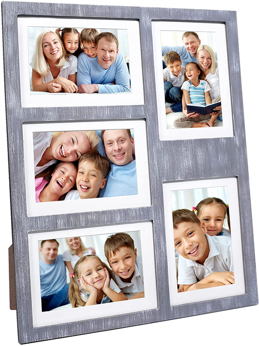 GLM Collage Picture Frames for 4x6 and 5x7 Photos with Glass and Mat, Photo Frame Collage for Wall Holds Five 4x6 Or 5x7 Photos - Picture Frames Collage Rustic Distressed (Gray)