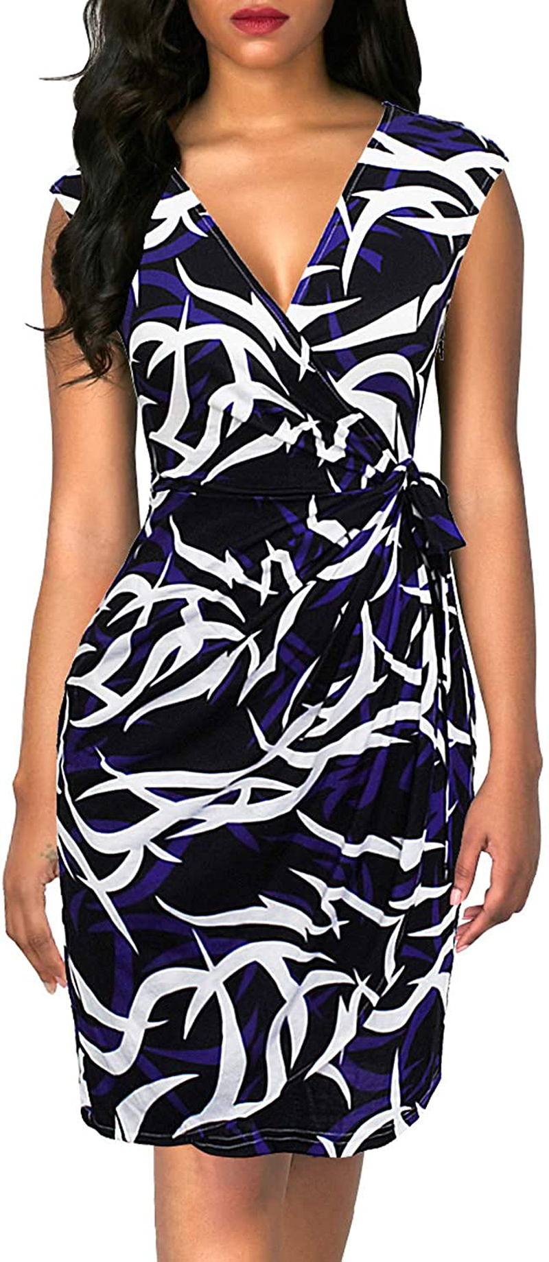 Berydress Women's Vintage V-Neck Sheath Casual Party Work Faux Black Wrap Dress
