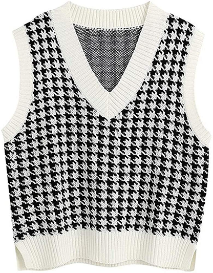 Jlihang Oversized Houndstooth Knitted Vest Sweater Vintage V Neck Loose Sleeveless Sweater