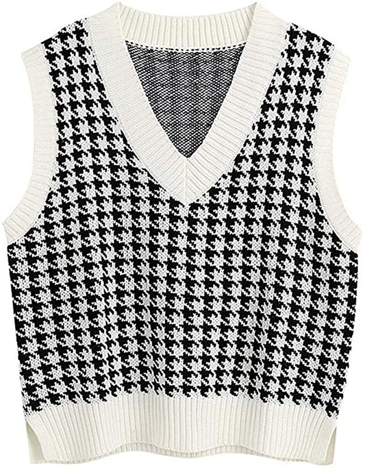 Jlihang Oversized Houndstooth Knitted Vest Sweater Vintage V Neck Loose Sleeveless Sweater