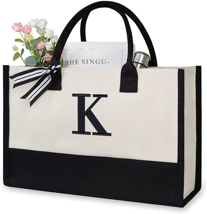 Personalized Initial Canvas Beach Bag, Monogrammed Gift Tote Bag for Women