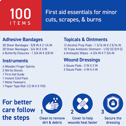 Care Science First Aid Kit, 100 Pieces | Professional Use for Travel, Work, School, Home, Car, Survival, Camping, Hiking, and More