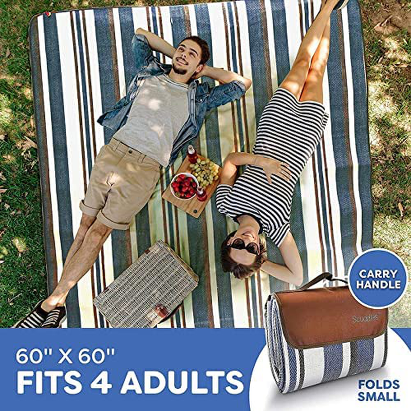 Extra Large Picnic Blanket Dual Layers for Outdoor Water-Resistant Handy Mat Tote Spring Summer Blue and White Striped for The Beach, Camping on Grass