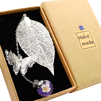 Metal Leaf Bookmark with 3D Butterfly Pendant