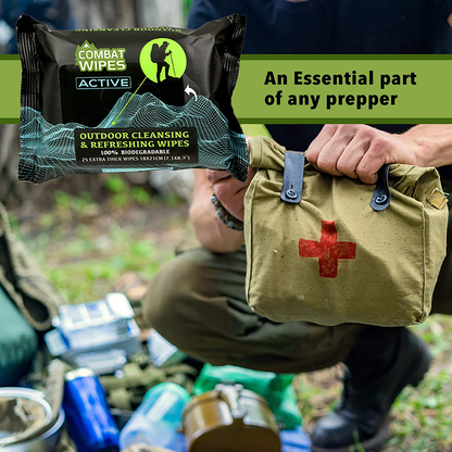 Combat Wipes ACTIVE Outdoor Wet Wipes | Extra Thick, Ultralight, Biodegradable, Body & Hand Cleansing/Refreshing Cloths for Camping, Gym & Backpacking w/ Natural Aloe & Vitamin E (25 WIpes)