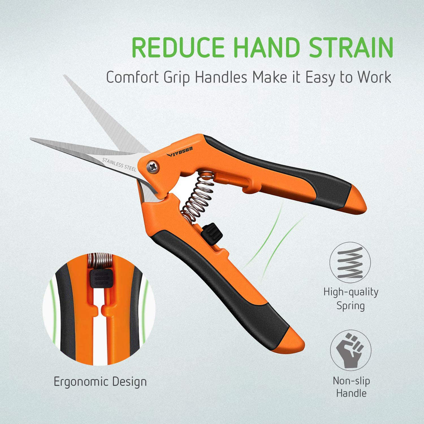 VIVOSUN 6.5 Inch Gardening Hand Pruner Pruning Shear with Straight Stainless Steel Blades Orange