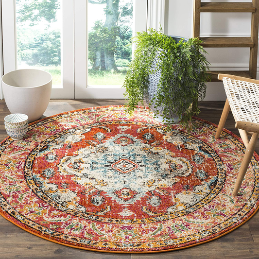 Safavieh Monaco Collection MNC243H Boho Chic Medallion Distressed Non-Shedding Dining Room Entryway Foyer Living Room Bedroom Area Rug, 5' x 5' Round, Orange / Light Blue