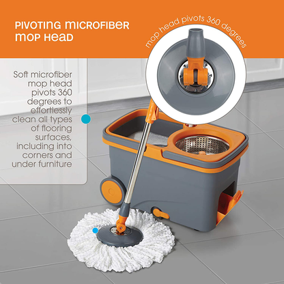 Casabella Microfiber Spin Mop and Bucket System with Replacement Head Refill, Graphite/Orange