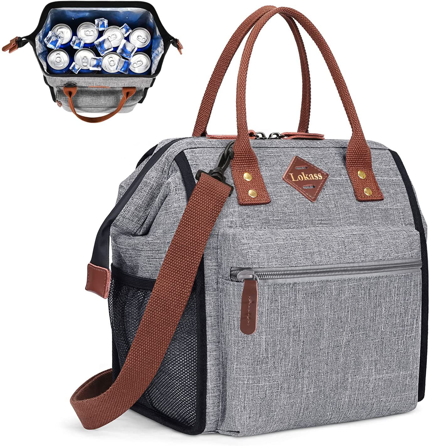 LOKASS Leak-proof Lunch Box for Women Insulated Lunch Cooler Bag Thermal Lunch Tote with Removable Shoulder Strap for Men Girls Adult Large Picnic Bag for Office Work College Outdoor, Grey