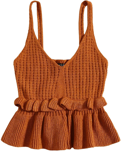 SweatyRocks Women's Casual Knit Top Sleeveless Ruffle Hem V Neck Peplum Crop Tank Top