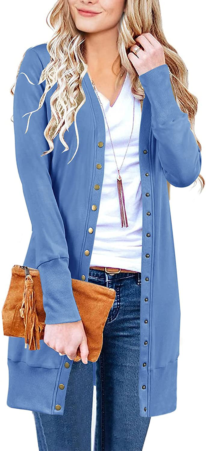 MEROKEETY Women's Long Sleeve Snap Button Down Solid Color Knit Ribbed Neckline Cardigans