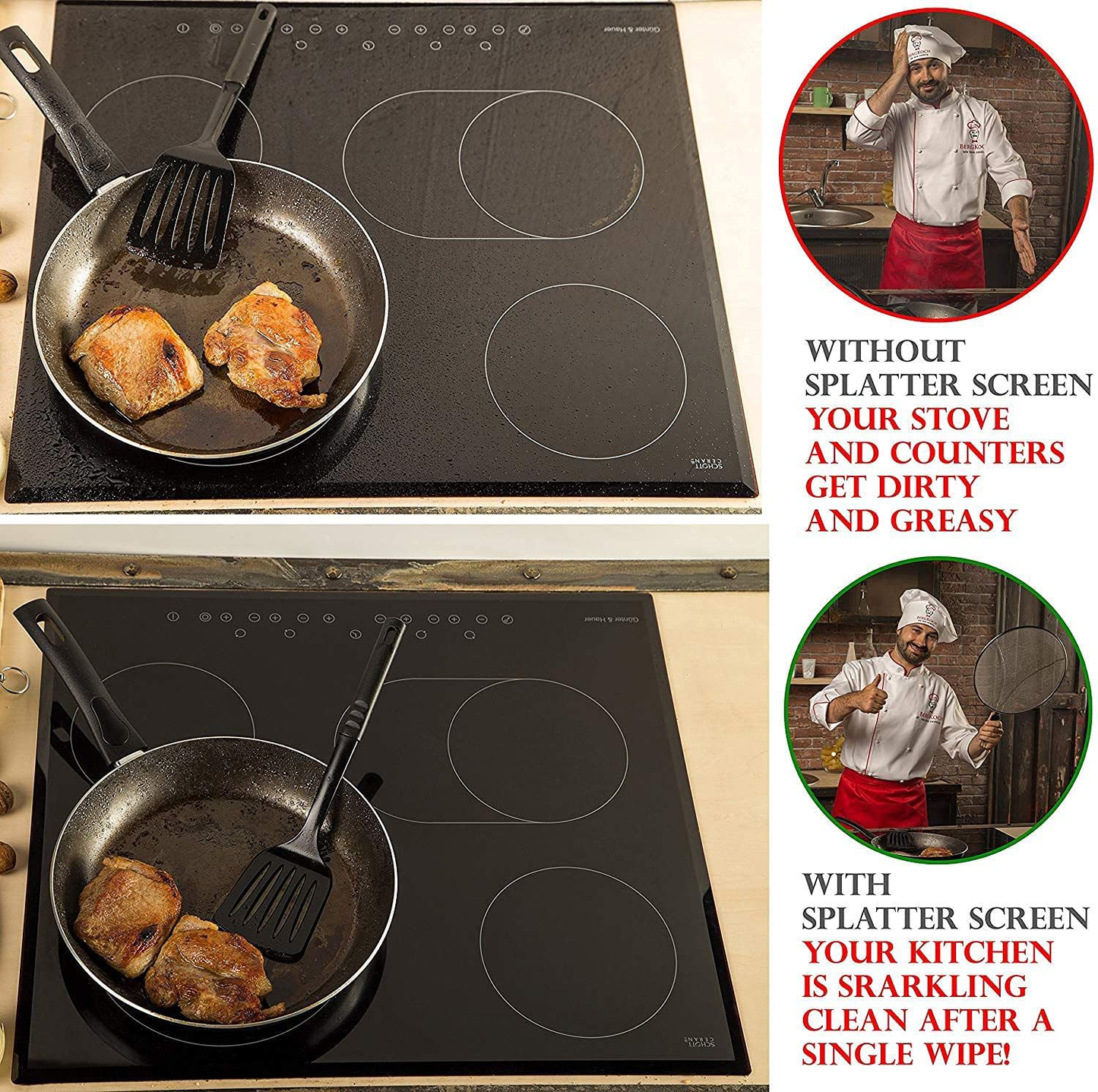 Grease Splatter Screen for Frying Pan 9.5" - Stops 99% of Hot Oil Splash - Protects Skin from Burns - Splatter Guard for Cooking - Iron Skillet Lid Keeps Kitchen Clean - Stainless Steel
