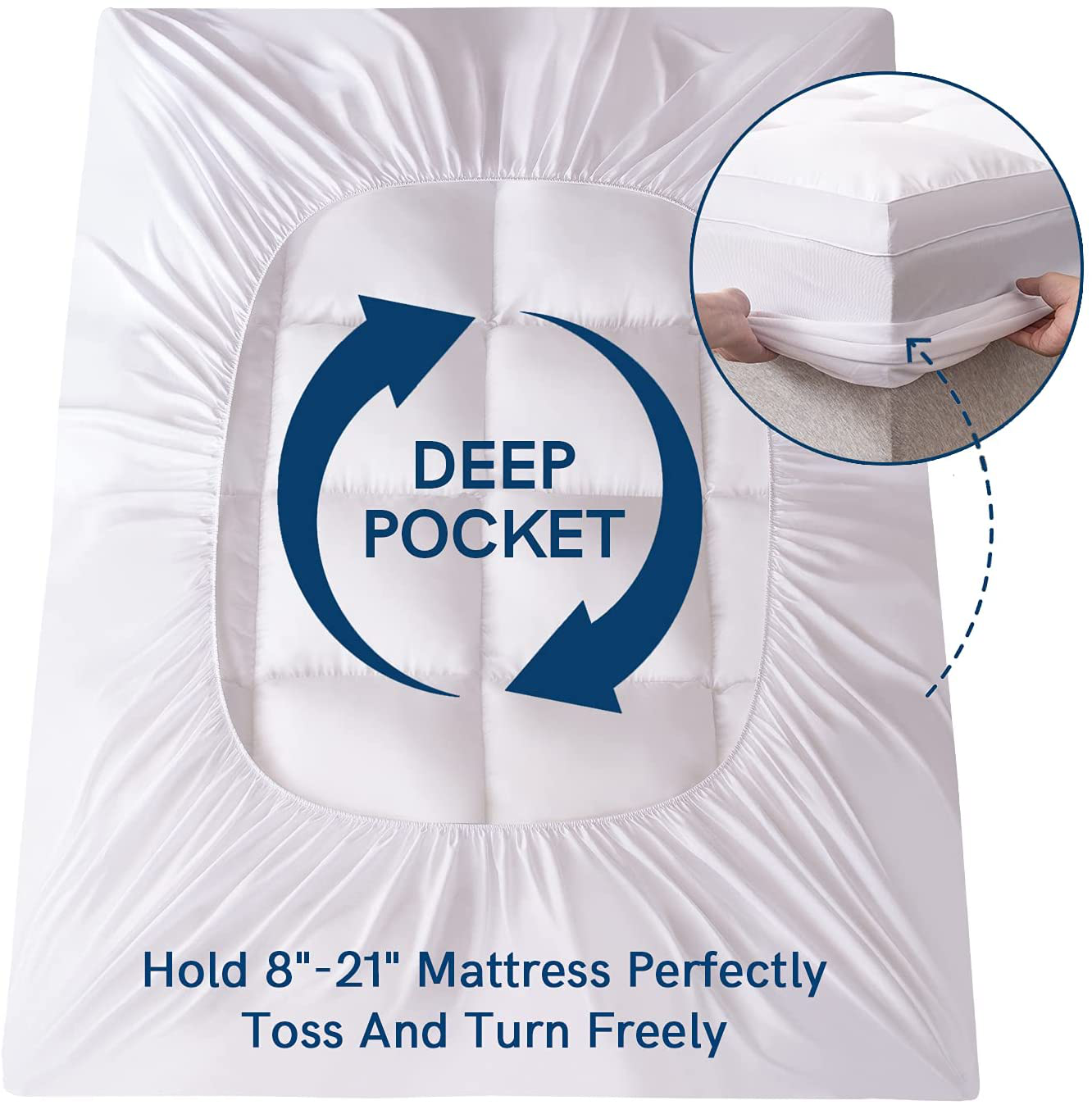ELEMUSE Queen White Cooling Mattress Topper for Back Pain, Extra Thick Mattress pad Cover, Plush Soft Pillowtop with Elastic Deep Pocket, Overfilled Down Alternative Filling