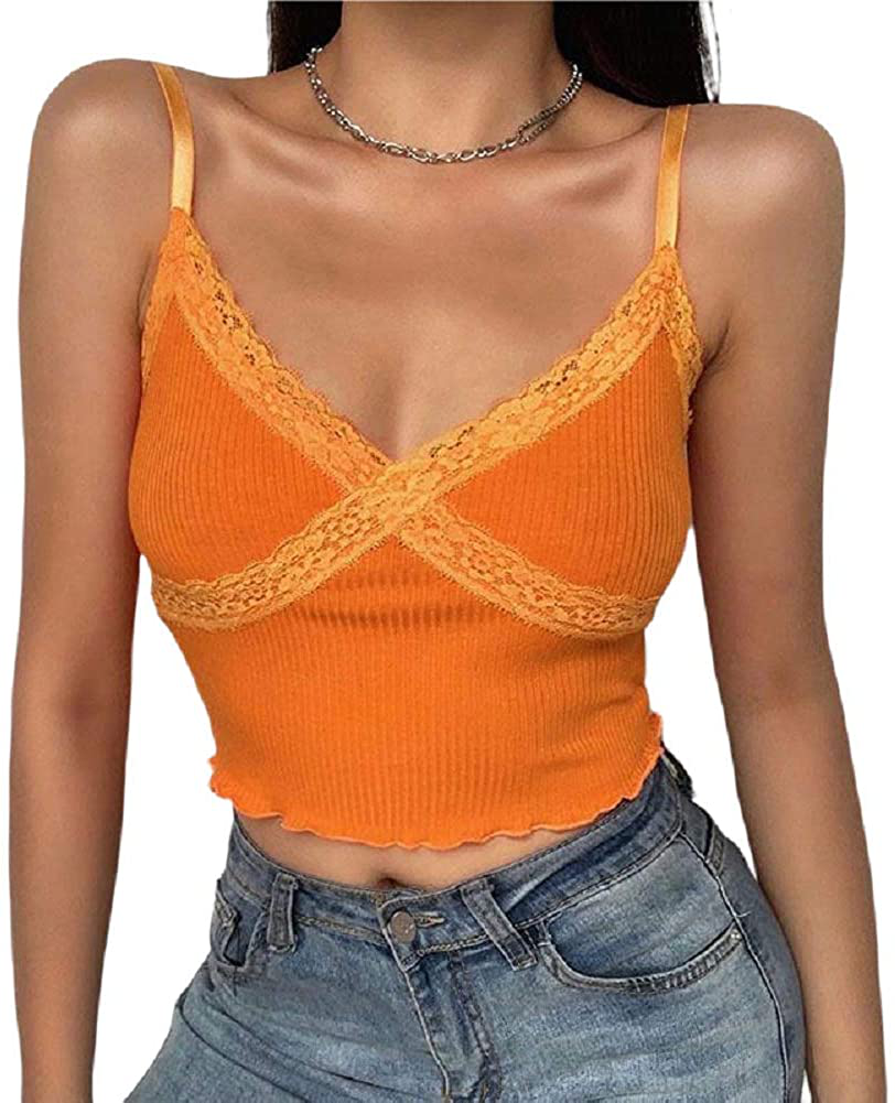 Women Y2K Cropped Tank Tops Sexy V Neck Spaghetti Strap Crop Top Lace Cami Shirt Sleeveless Patchwork Camisole
