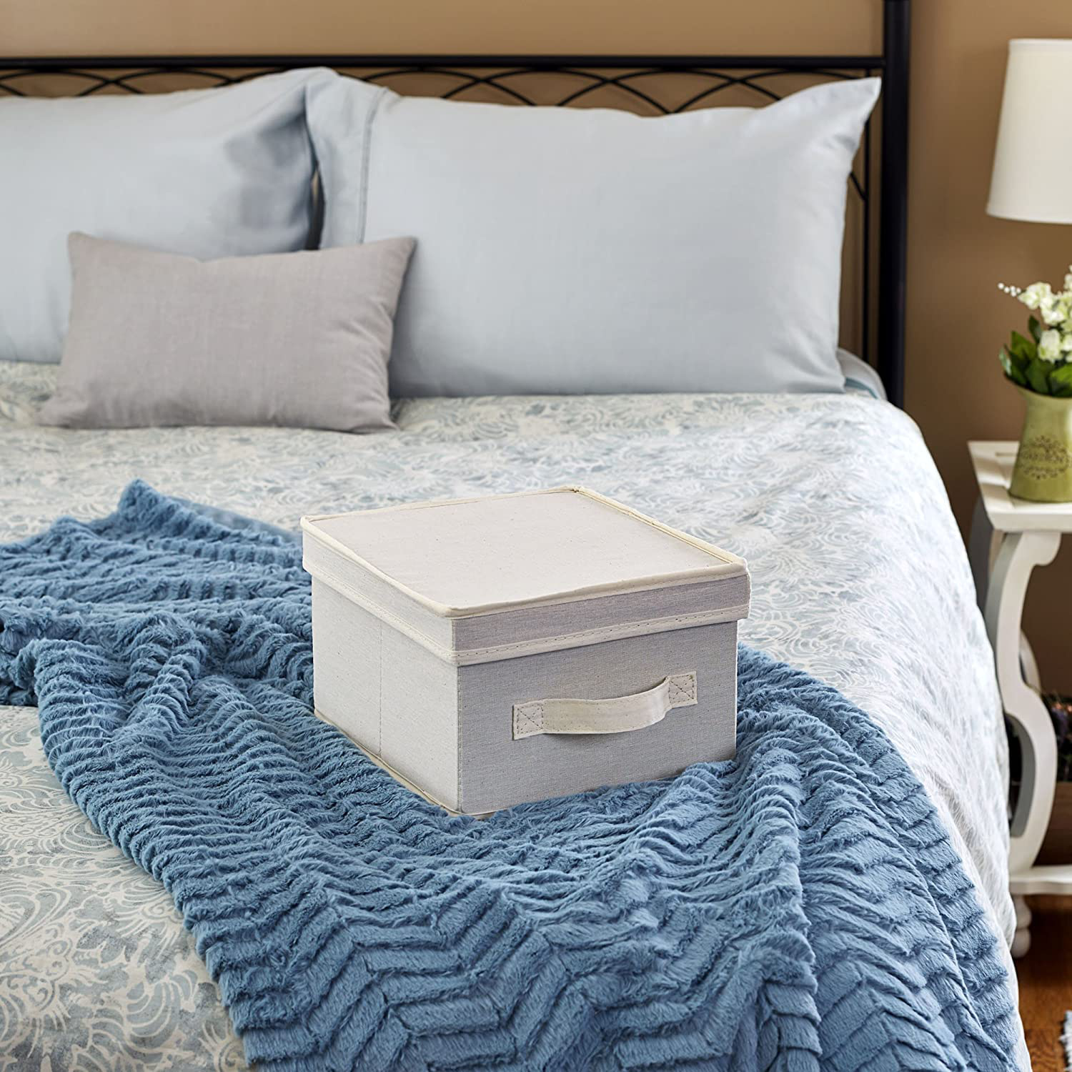 Household Essentials 111 Storage Box with Lid and Handle - Natural Beige Canvas - Medium,Natural Trim