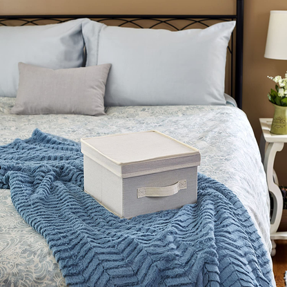 Household Essentials 111 Storage Box with Lid and Handle - Natural Beige Canvas - Medium,Natural Trim
