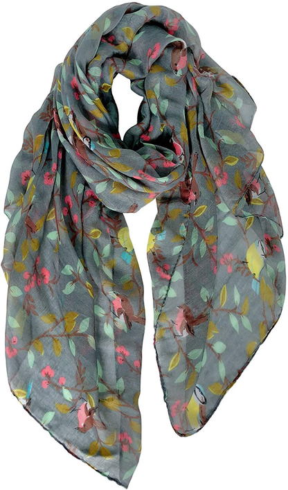 GERINLY Scarfs for Women Lightweight Floral Birds Print Cotton Scarves and Wraps for Holiday