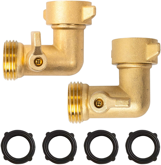 Xiny Tool 90 Degree Garden Hose Adapter with Shut Off Valves, 3/4" Solid Brass Garden Hose Elbow Connector with 4 Extra Pressure Washers, 2 Pack