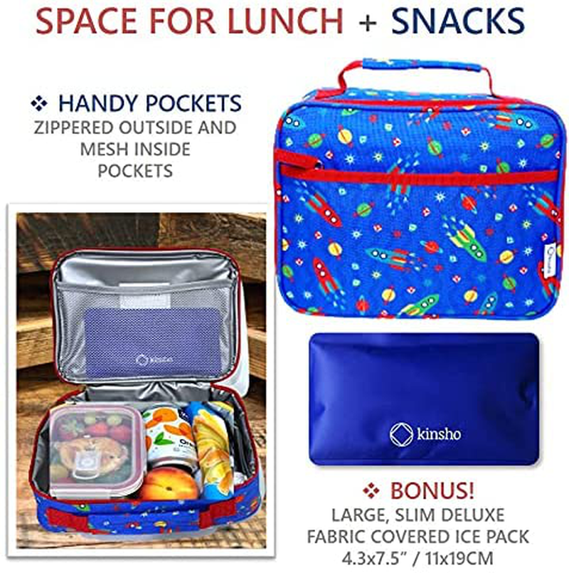 Lunch Box with Water Bottle and Ice Pack Set, Kids Lunch-Bag Set for Toddler Daycare of School, Boys Container for Lunches, Blue Space Rocket