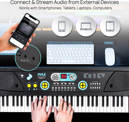 Digital Piano Keyboard - Portable Key Learning Keyboard for Beginners w/ Drum Pad, Recording, Microphone, Music Sheet Stand & Built-in Speaker