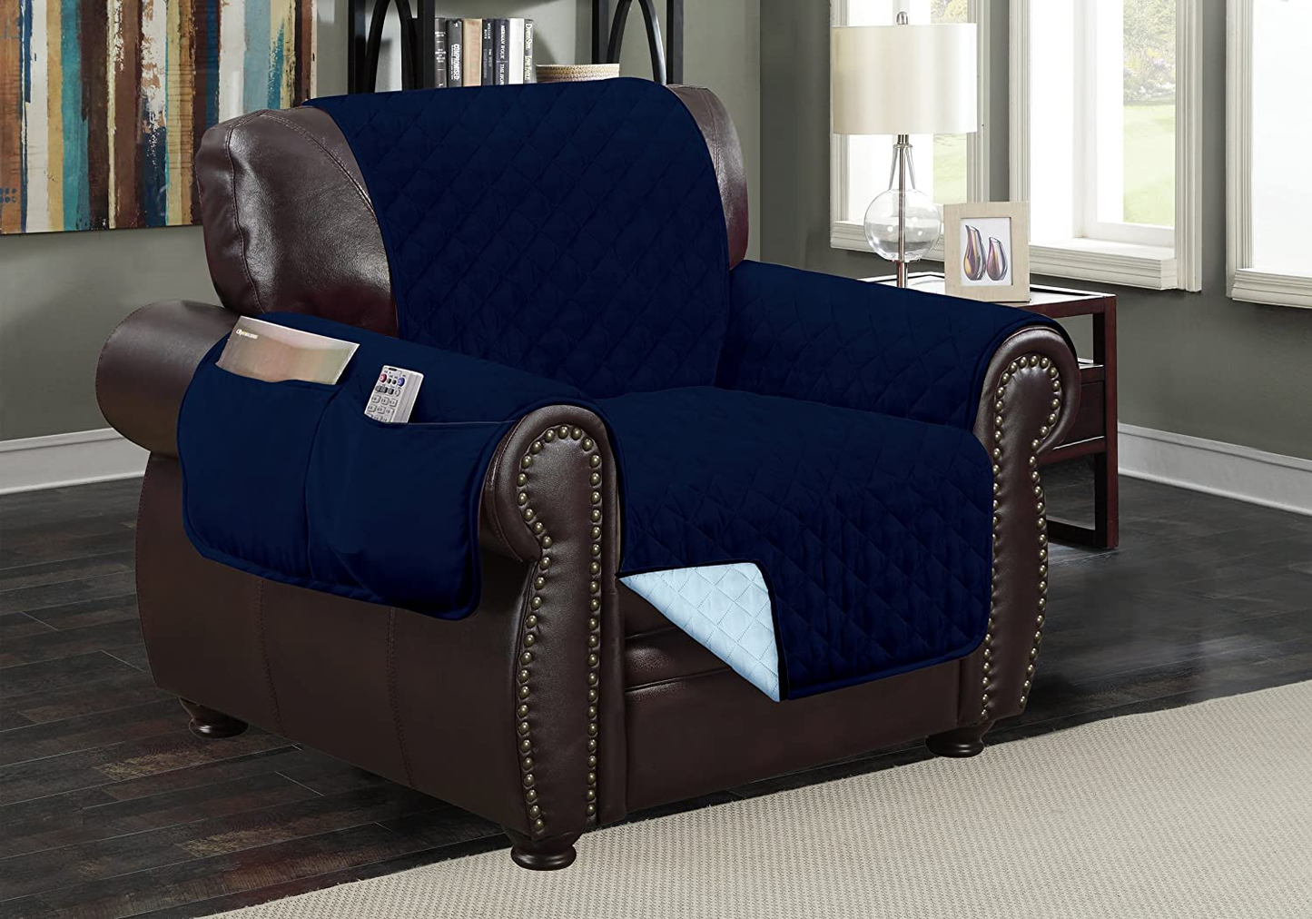 Reversible Quilted Furniture Protector Slipcover - 2 Pockets for Magazines, Newspapers, Remotes - Machine Washable 
