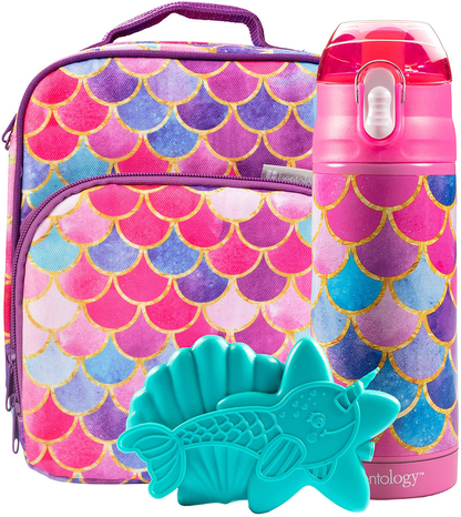 Bentology Lunch Box Set for Kids - Girls Insulated Lunchbox Tote, Water Bottle, and Ice Pack - 3 Pieces - Kitty